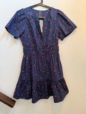 Anthropologie Navy Dress with Red Strawberry Print